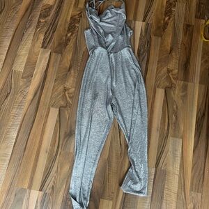 Charlotte Russe y2k metallic silver halter top / pants jumpsuit, large, EUC
